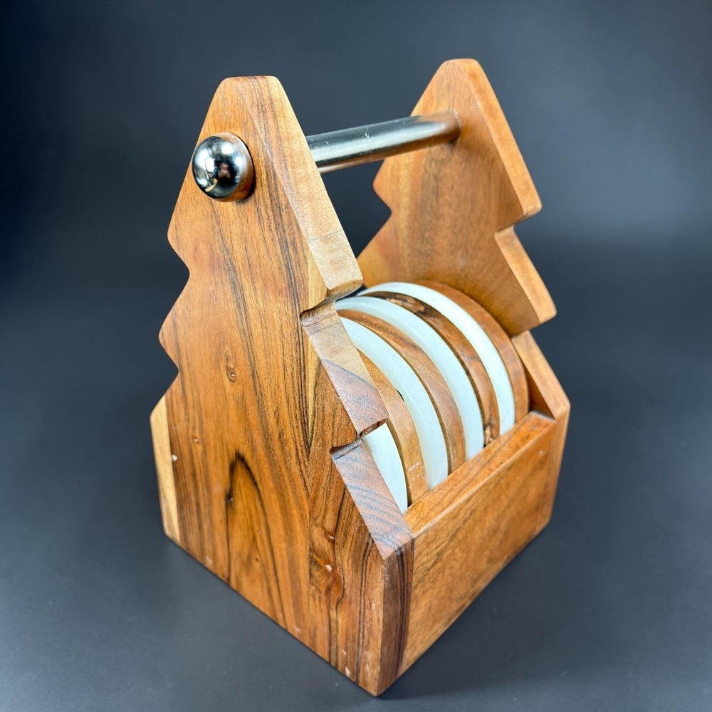 Wood and White Marble Coaster Set of 8 with Tree Shaped Caddy Holder Rustic MCM